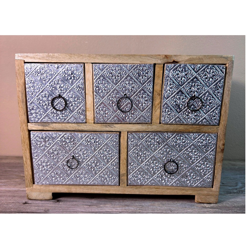 Wooden Jewelry Box 5 Drawer Chest Silver Metal Embossed Floral Boho Desk Storage